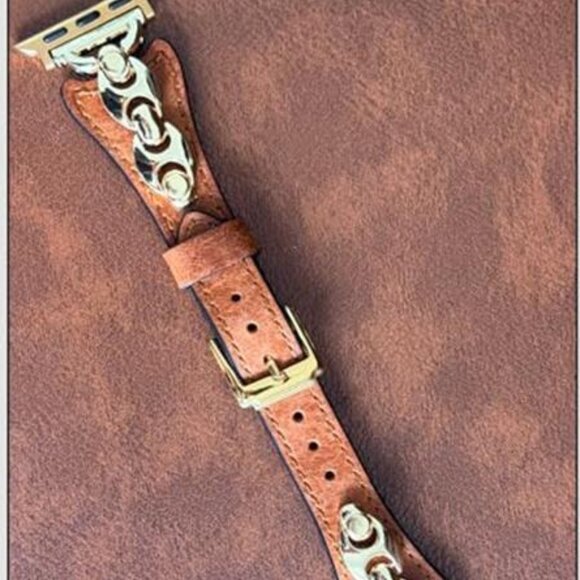 NEW Brown Leather Gold Buckle Apple Watch Band main image 4